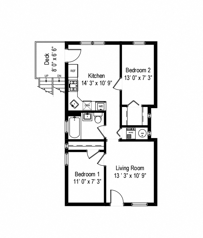 Floor plan for 2 beds, 1 bath, 820 sqft